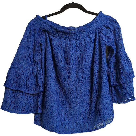 Lilly Pulitzer Tobyn Top Cobalt Blue Lace OTS Blouse Tiered Sleeves Size S - Picture 6 of 10